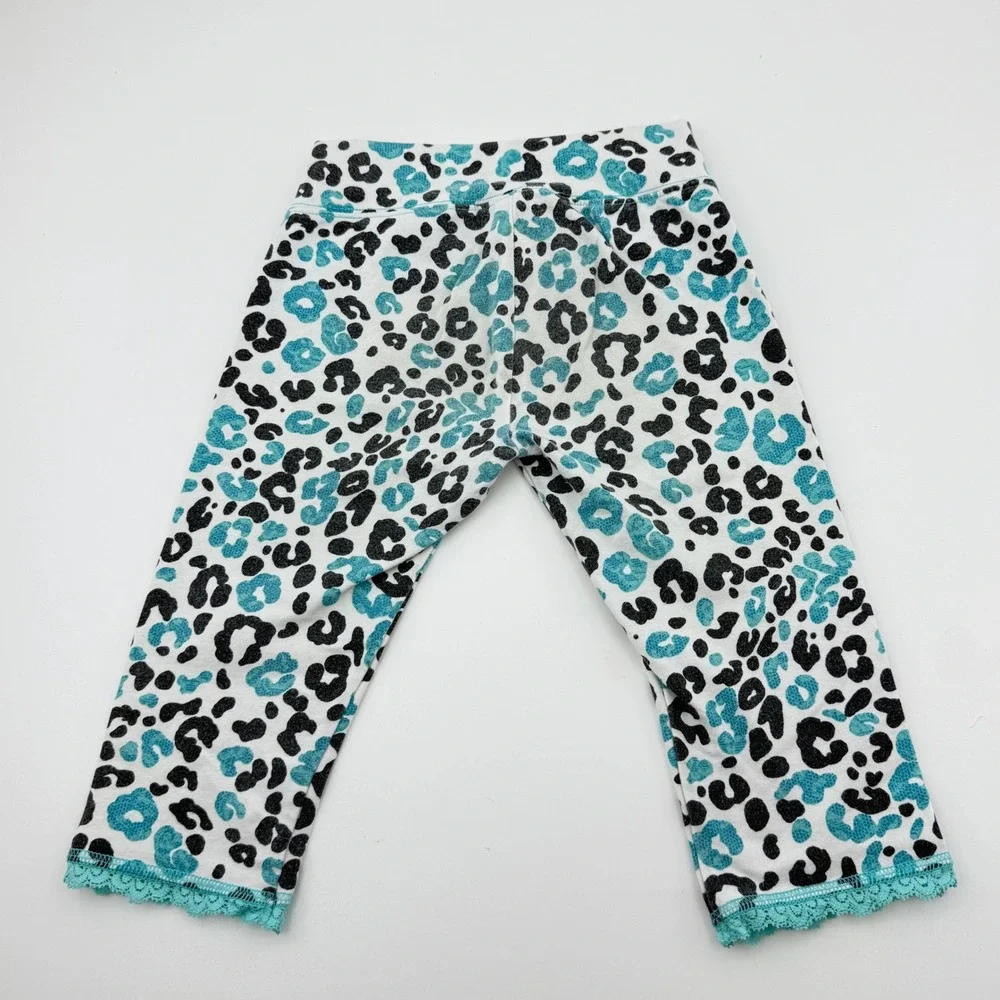 Justice Girls Y2K Leopard Print Cropped Leggings Teal &‎ Black Lace Trim Size 6